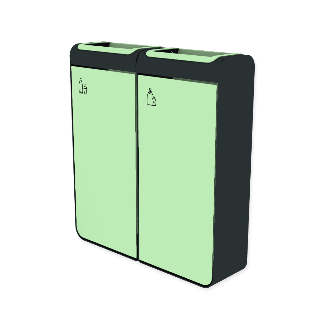 Die Abb. zeigt den EGOÉ Recycling Abfallbehälter I20 - 2x45 Liter mit Piktogrammen Kunststoff-Restmüll,  Farbe Rahmen Anthrazitgrau (RAL 7016) und Farbe Korpus Weißgrün (RAL 6019).