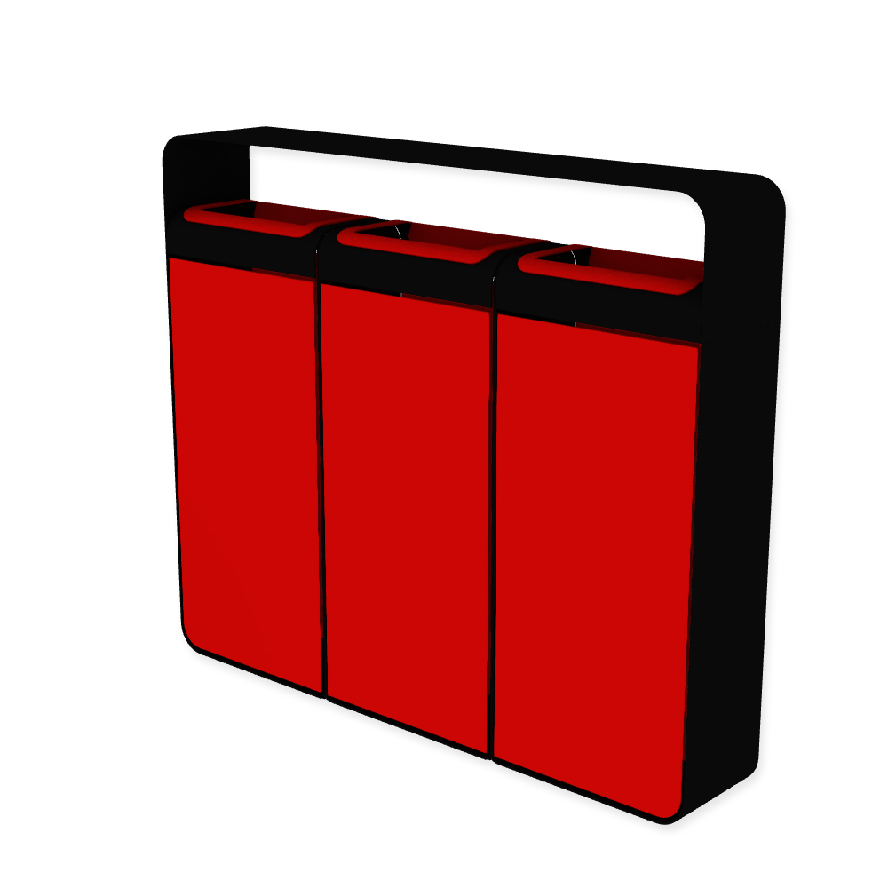 Die Abb. zeigt den EGOÉ Recycling Abfallbehälter I20 mit Dach - 3x45 Liter mit Farbe Rahmen Tiefschwarz (RAL 9005) und Farbe Korpus Verkehrsrot (RAL 3020).
