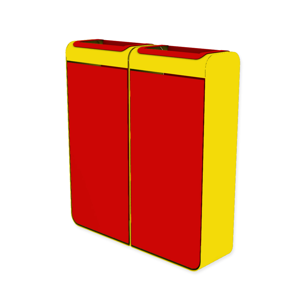 Die Abb. zeigt den EGOÉ Recycling Abfallbehälter I20 - 2x45 Liter mit Farbe Rahmen Rapsgelb (RAL 1021) und Farbe Korpus Verkehrsrot (RAL 3020).