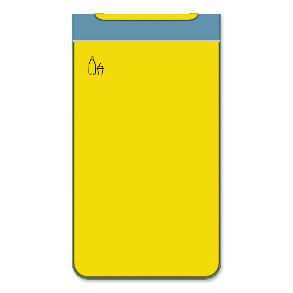 Die Abb. zeigt die Vorderseite des EGOÉ Abfallbehälters I20 - 60 Liter mit Piktogramm Kunststoff, Farbe Rahmen Pastellblau (RAL 5024) und Farbe Korpus Rapsgelb (RAL 1021).