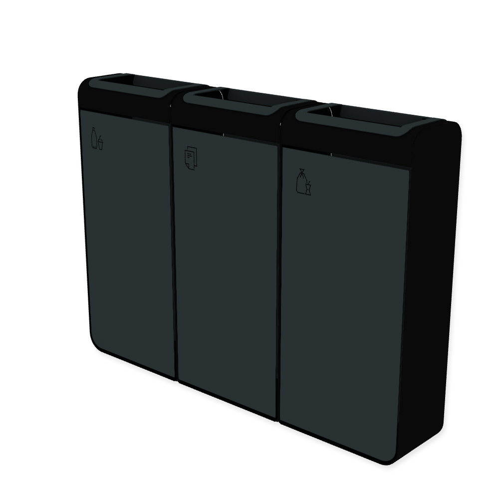 Die Abb. zeigt den EGOÉ Recycling Abfallbehälter I20 - 3x45 Liter mit Piktogrammen,  Farbe Rahmen Tiefschwarz (RAL 9005) und Farbe Korpus Anthrazitgrau (RAL 7016).