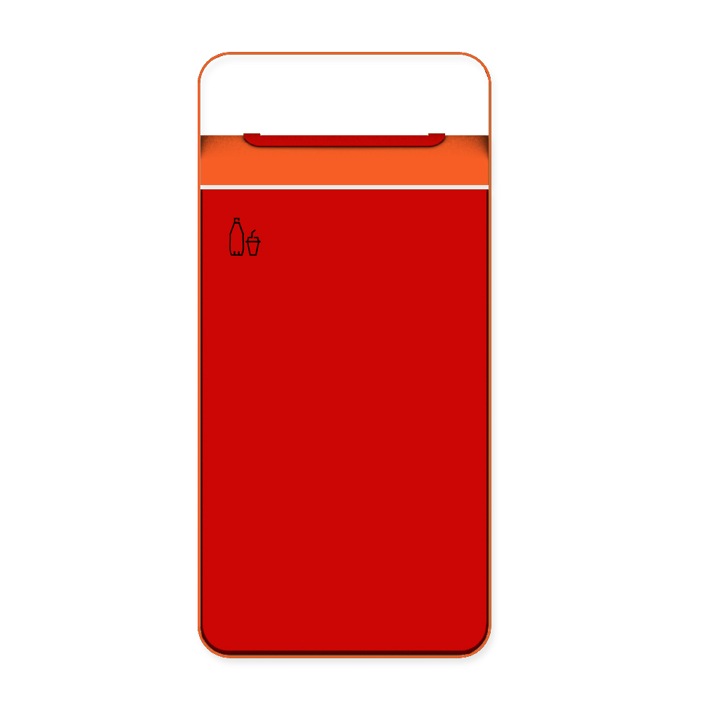 Die Abb. zeigt die Vorderseite des EGOÉ Abfallbehälters I20 mit Piktogramm Kunststoff, Dach - 60 Liter mit Piktogramm Kunststoff, Farbe Rahmen Hellrotorange (RAL 2008) und Farbe Korpus Verkehrsrot (RAL 3020).