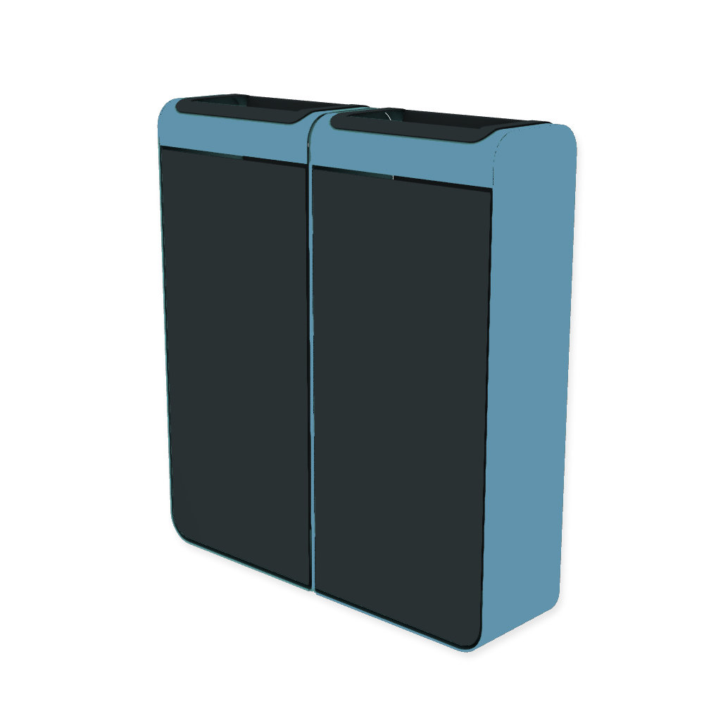 Die Abb. zeigt den EGOÉ Recycling Abfallbehälter I20 - 2x45 Liter mit Farbe Rahmen Pastellblau (RAL 5024) und Farbe Korpus Anthrazitgrau (RAL 7016).