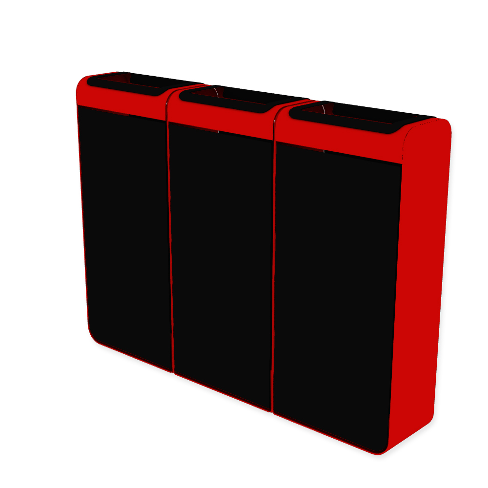 Die Abb. zeigt den EGOÉ Recycling Abfallbehälter I20 - 3x45 Liter mit Farbe Rahmen Verkehrsrot (RAL 3020) und Farbe Korpus Tiefschwarz (RAL 9005).