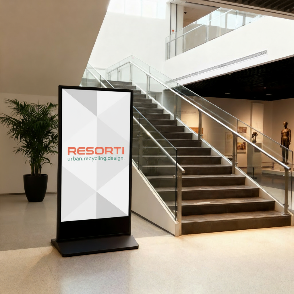 Die Abb. zeigt das Indoor LCD Digital Signage mit schmalem Rahmen zum Aufstellen - 75 Zoll (Bild KI-generiert).