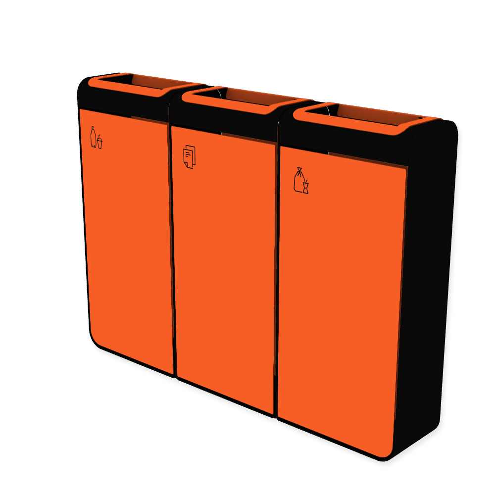 Die Abb. zeigt den EGOÉ Recycling Abfallbehälter I20 - 3x45 Liter mit Piktogrammen,  Farbe Rahmen Tiefschwarz (RAL 9005) und Farbe Korpus Hellrotorange (RAL 2008).