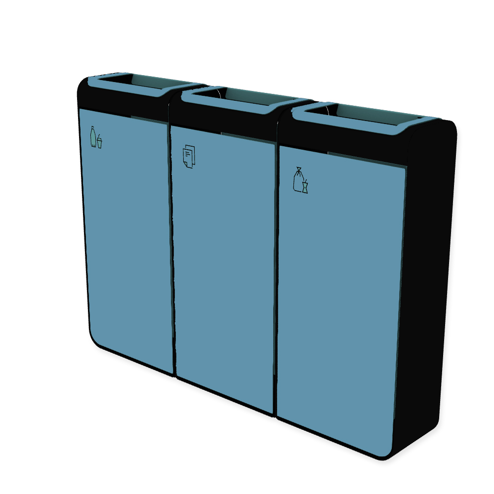 Die Abb. zeigt den EGOÉ Recycling Abfallbehälter I20 - 3x45 Liter mit Piktogrammen,  Farbe Rahmen Tiefschwarz (RAL 9005) und Farbe Korpus Pastellblau (RAL 5024).
