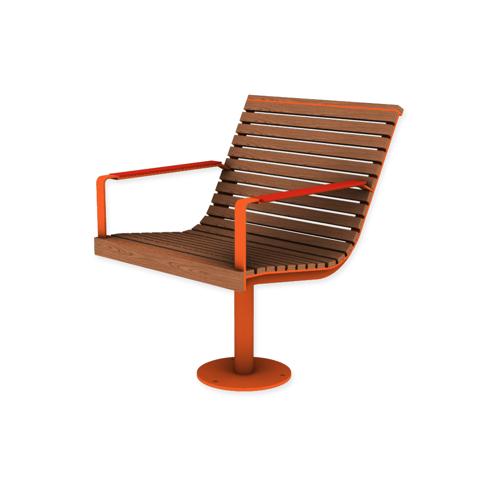 Die Abb. zeigt den EGOÉ Stuhl I1 auf einem Bein zum Aufschrauben in Hellrotorange (RAL 2008) mit HPL-Besatz Armlehnen in Rot (NT 0689) und Jatoba geölt.