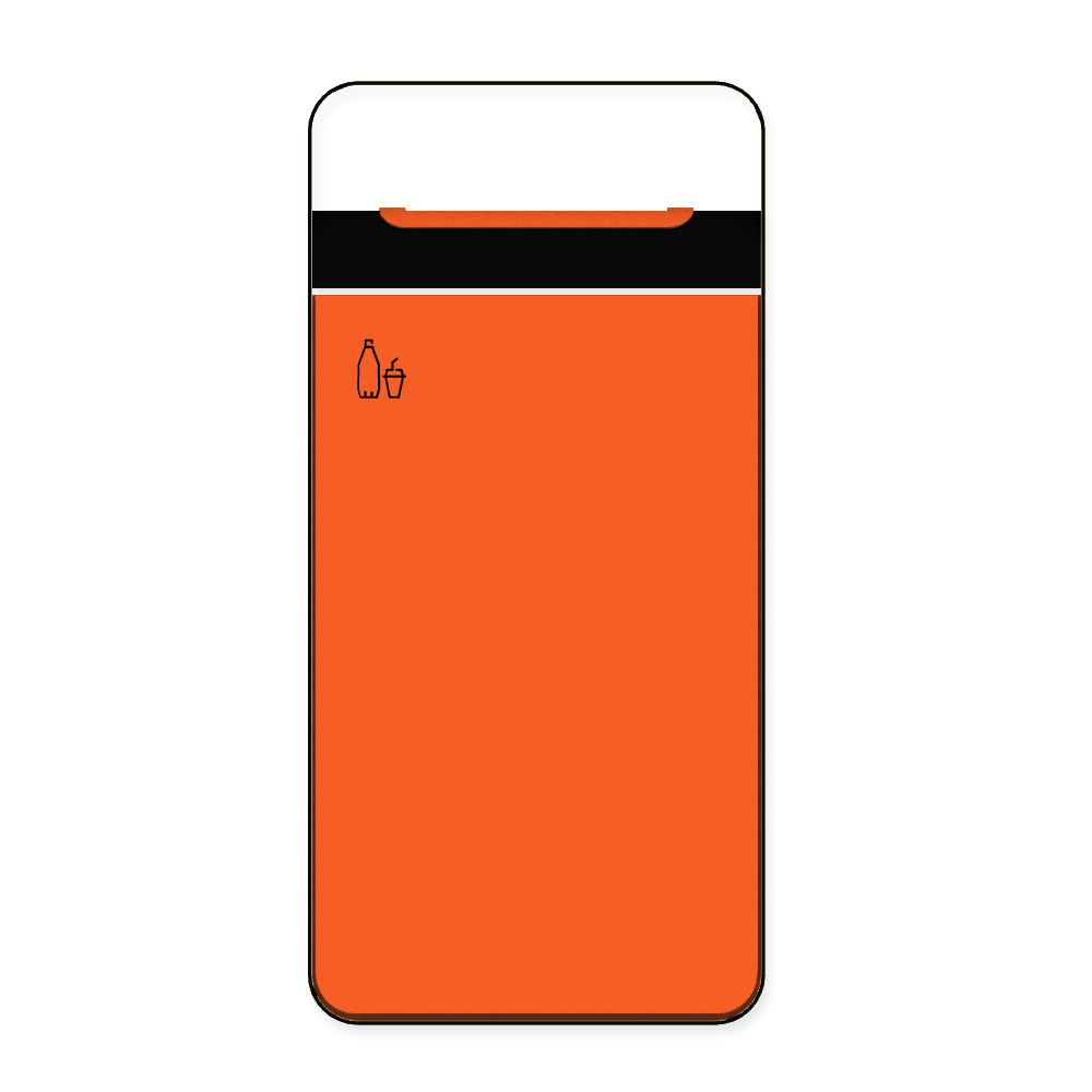 Die Abb. zeigt die Vorderseite des EGOÉ Abfallbehälters I20 mit Piktogramm Kunststoff, Dach - 60 Liter mit Piktogramm Kunststoff, Farbe Rahmen Tiefschwarz (RAL 9005) und Farbe Korpus Hellrotorange (RAL 2008).