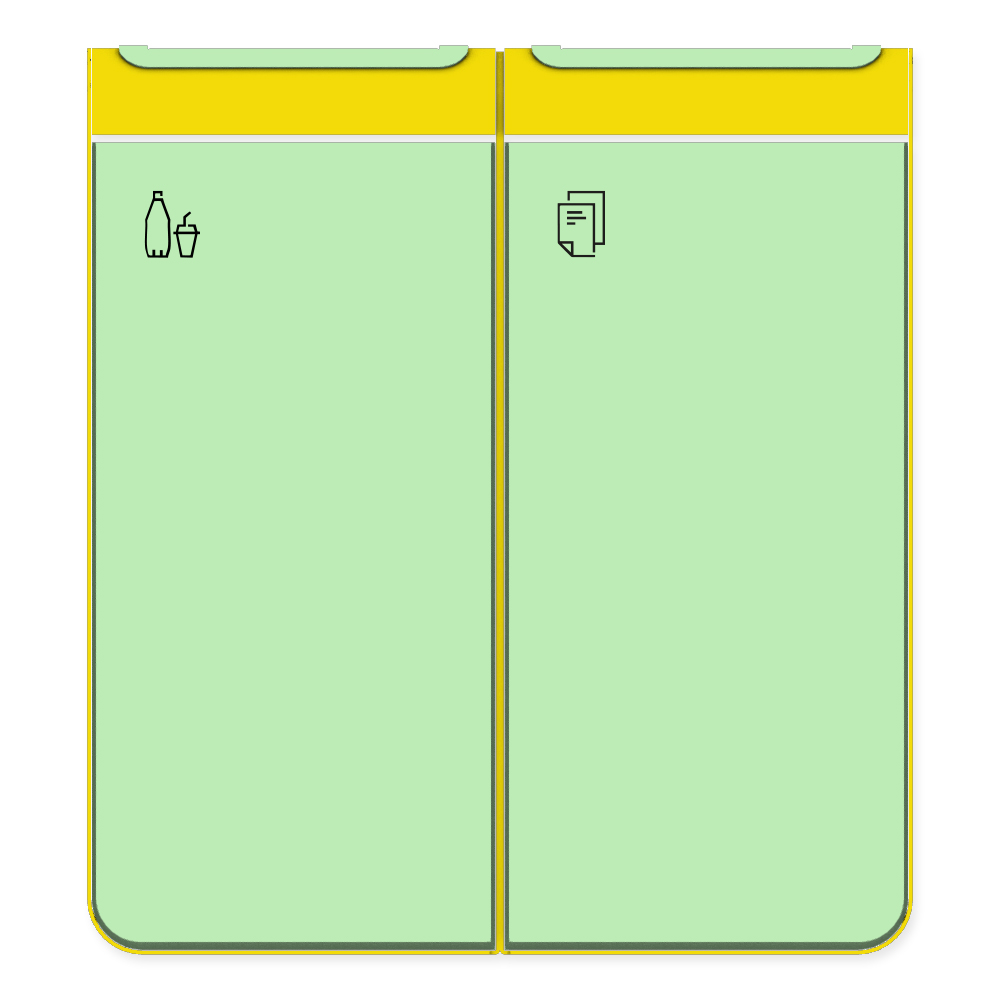 Die Abb. zeigt den EGOÉ Recycling Abfallbehälter I20 - 2x45 Liter mit Piktogrammen Kunststoff-Papier, Farbe Rahmen Rapsgelb (RAL 1021) und Farbe Korpus Weißgrün (RAL 6019).