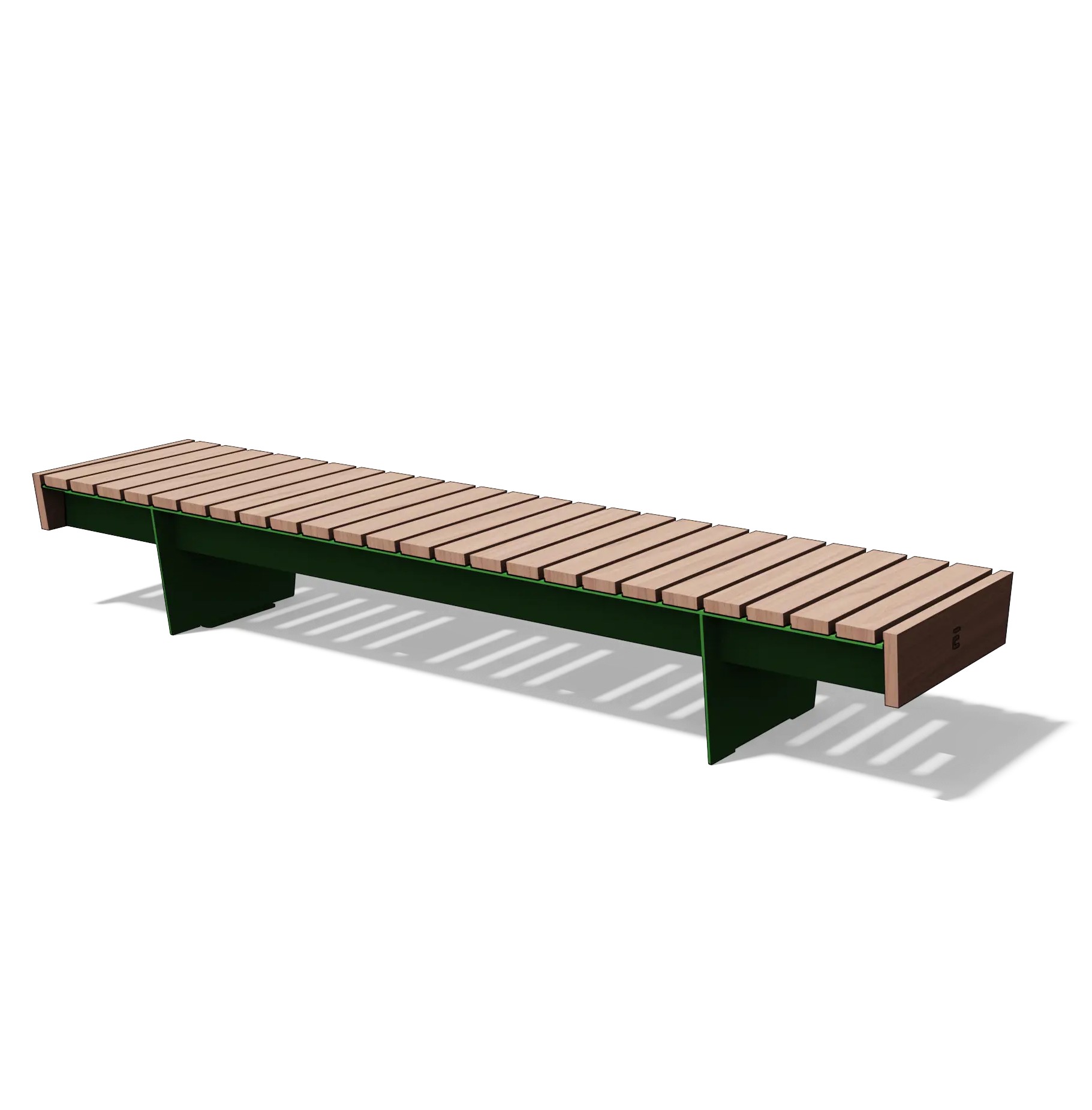 Die Abb. zeigt die EGOÉ Bank O1 mit Seitenverkleidung in Thermoesche Natur und Grasgrün (RAL 6010).