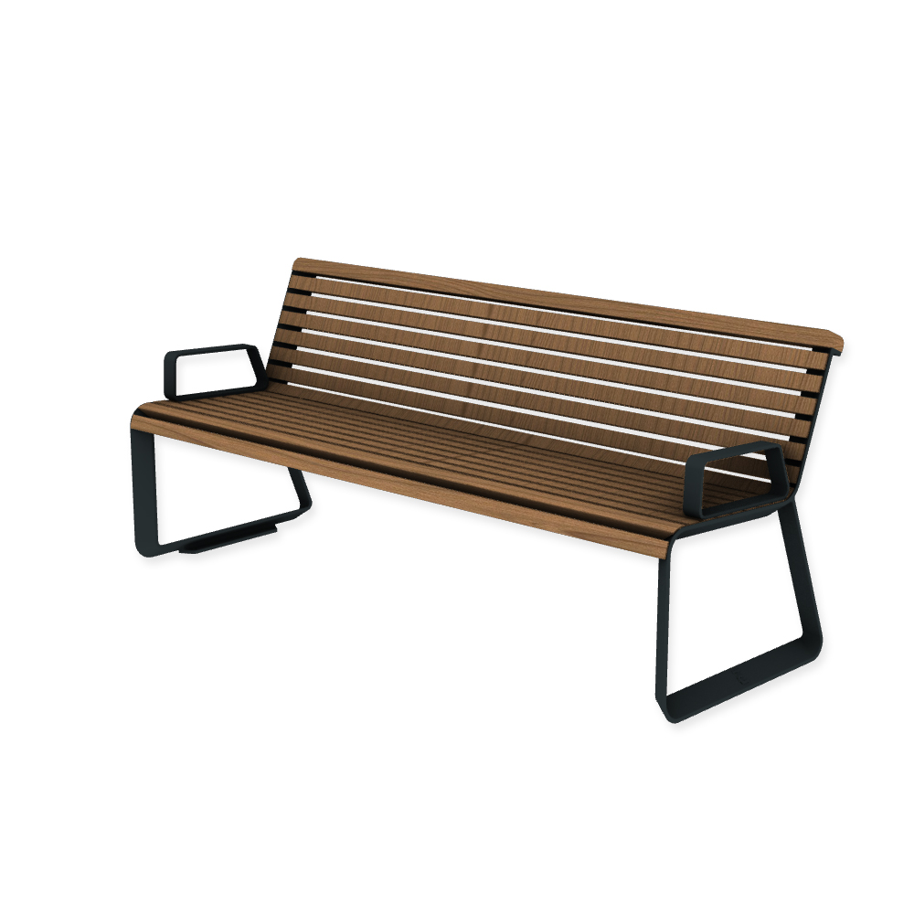 Die Abb. zeigt die EGOÉ Bank I2 profiliertes Aluminiumgestell mit Armlehnen in Anthrazitgrau (RAL 7016) mit Jatoba Natur.