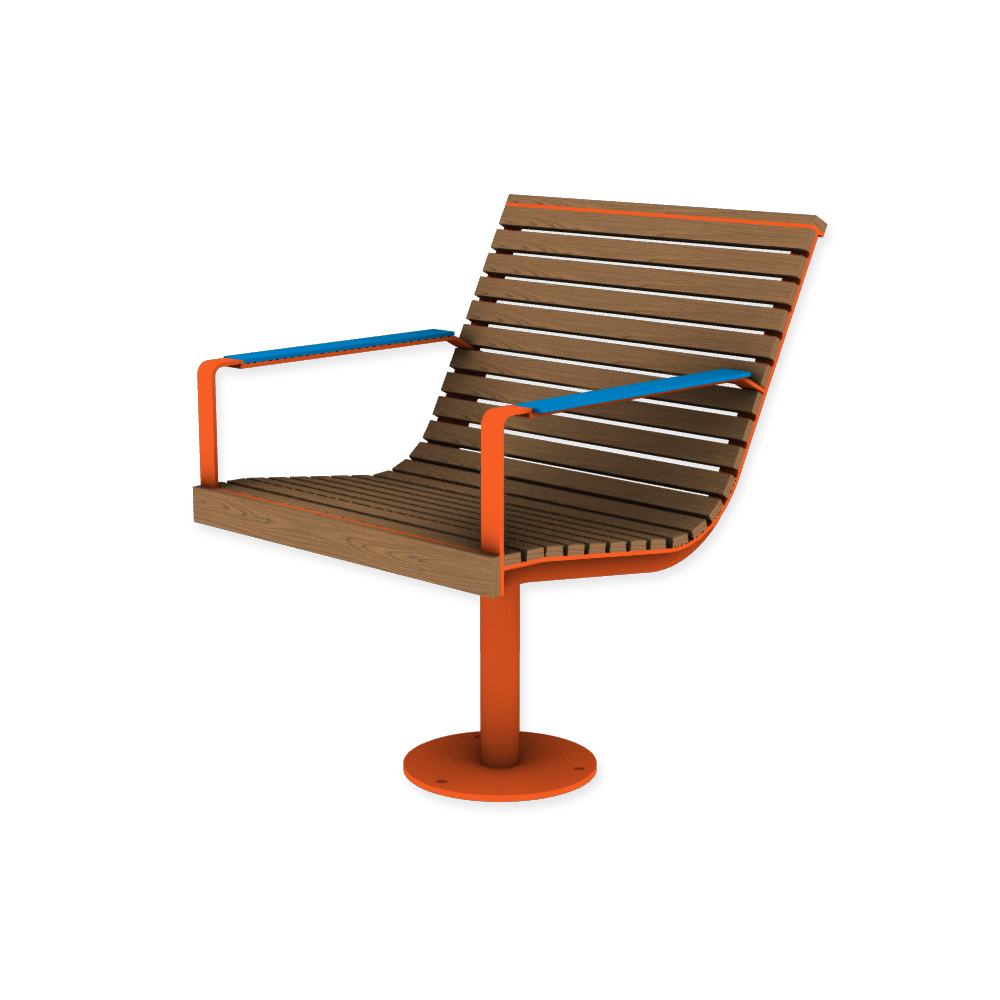 Die Abb. zeigt den EGOÉ Stuhl I1 auf einem Bein zum Aufschrauben in Hellrotorange (RAL 2008) mit HPL-Besatz Armlehnen in Blau (NT 0717) und Jatoba Natur.