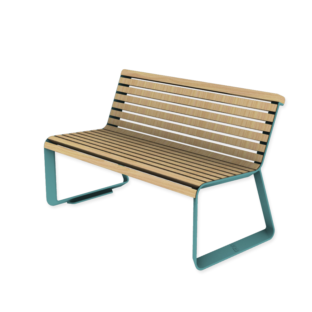 Die Abb. zeigt die EGOÉ Bank I2 profiliertes Aluminiumgestell in Pastellblau (RAL 5024) mit Robinie Natur.