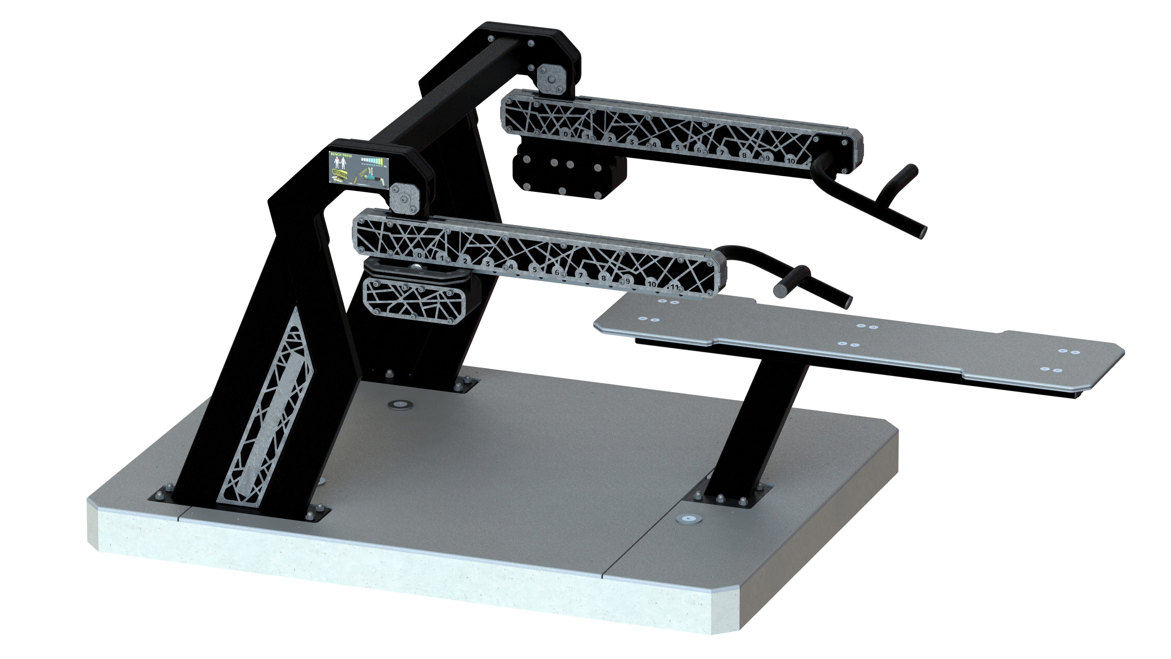 Die Abb. zeigt die Bankdrückmaschine des Alpha Steel Sets mit Bodenplatten.