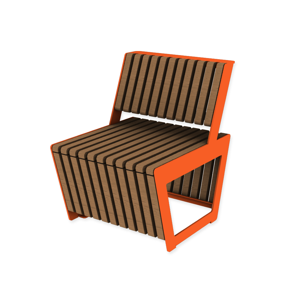 Die Abb. zeigt den modularen Stuhl A4 mit schmalen Holzleisten in Hellrotorange (RAL 2008) mit Jatoba Natur.