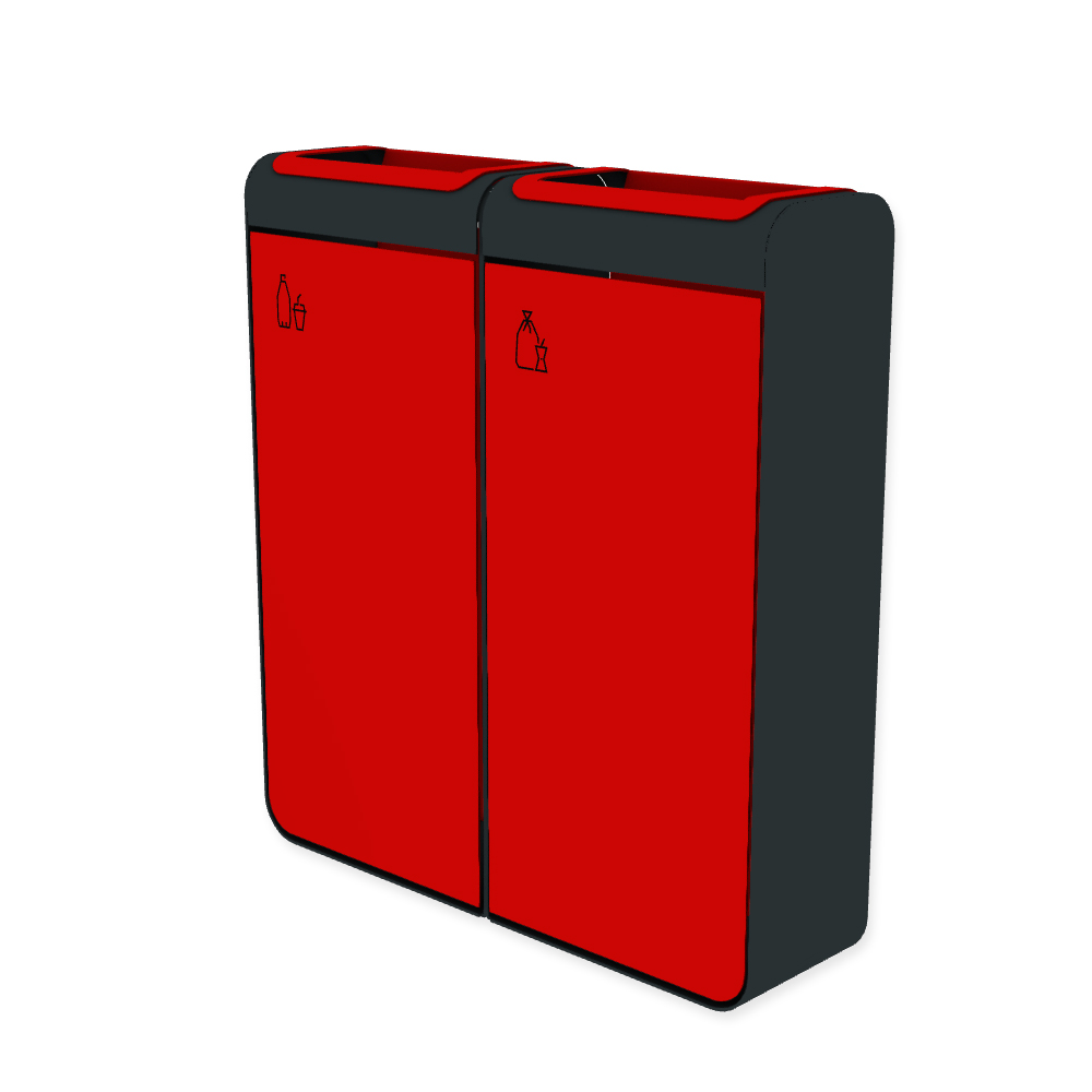 Die Abb. zeigt den EGOÉ Recycling Abfallbehälter I20 - 2x45 Liter mit Piktogrammen Kunststoff-Restmüll,  Farbe Rahmen Anthrazitgrau (RAL 7016) und Farbe Korpus Verkehrsrot (RAL 3020).