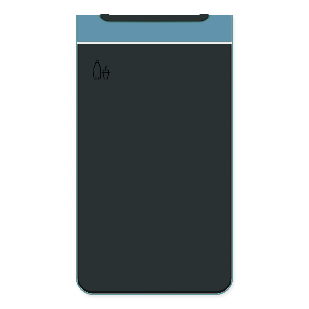 Die Abb. zeigt die Vorderseite des EGOÉ Abfallbehälters I20 - 60 Liter mit Piktogramm Kunststoff, Farbe Rahmen Pastellblau (RAL 5024) und Farbe Korpus Anthrazitgrau (RAL 7016).