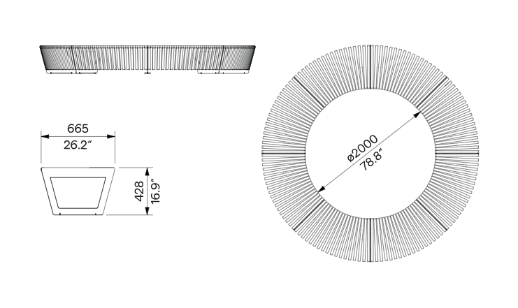 Die Abb. zeigt die technischen Daten des Rundbank-Sets A4 mit Sockelblende offen, ohne Rückenlehne und mit Krümmungsradius R1000.