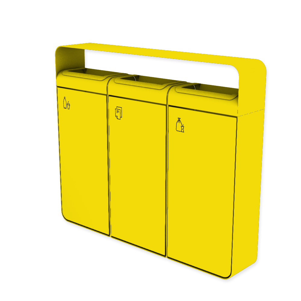 Die Abb. zeigt den EGOÉ Recycling Abfallbehälter I20 mit Piktogrammen,  Dach - 3x45 Liter mit Piktogrammen,  Farbe Rahmen Rapsgelb (RAL 1021) und Farbe Korpus Rapsgelb (RAL 1021).
