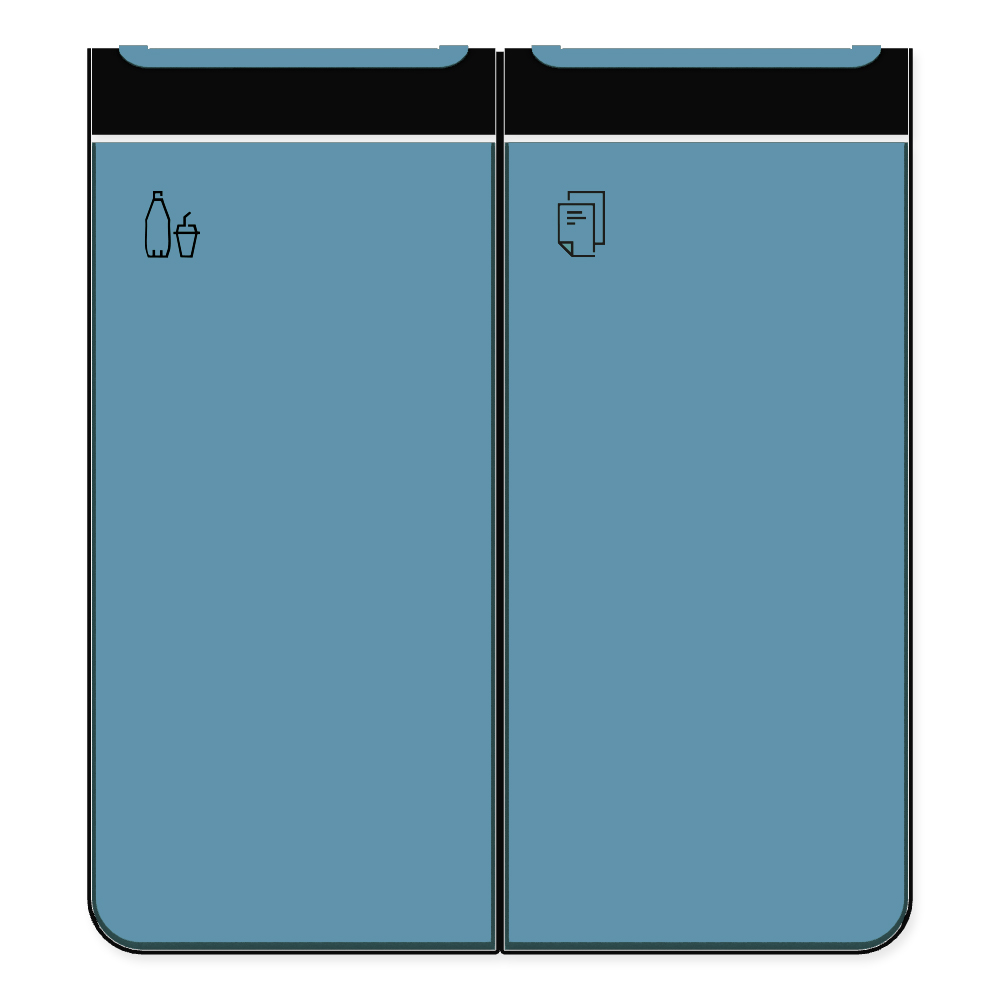 Die Abb. zeigt den EGOÉ Recycling Abfallbehälter I20 - 2x45 Liter mit Piktogrammen Kunststoff-Papier, Farbe Rahmen Tiefschwarz (RAL 9005) und Farbe Korpus Pastellblau (RAL 5024).