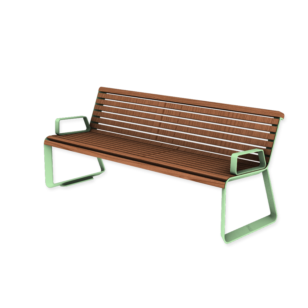 Die Abb. zeigt die EGOÉ Bank I2 profiliertes Aluminiumgestell mit Armlehnen in Weißgrün (RAL 6019) mit Jatoba geölt.