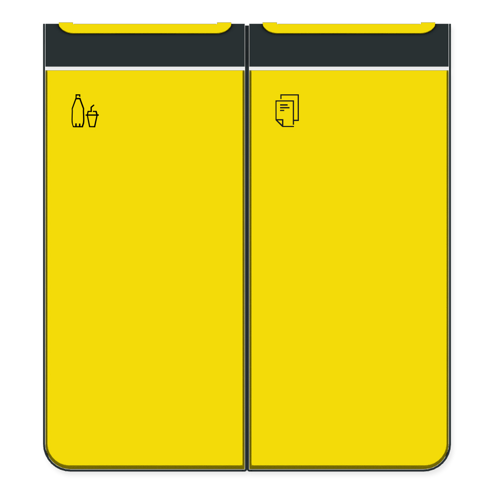 Die Abb. zeigt den EGOÉ Recycling Abfallbehälter I20 - 2x45 Liter mit Piktogrammen Kunststoff-Papier, Farbe Rahmen Anthrazitgrau (RAL 7016) und Farbe Korpus Rapsgelb (RAL 1021).