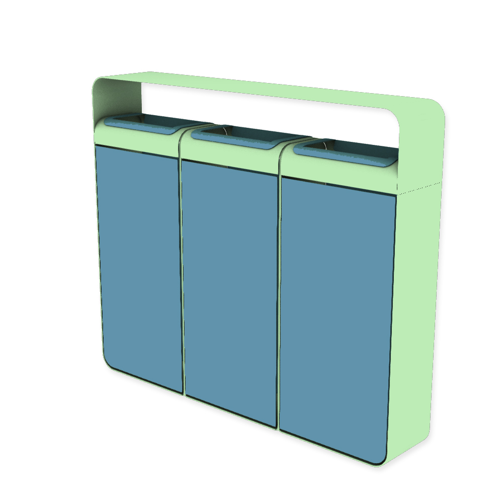 Die Abb. zeigt den EGOÉ Recycling Abfallbehälter I20 mit Dach - 3x45 Liter mit Farbe Rahmen Weißgrün (RAL 6019) und Farbe Korpus Pastellblau (RAL 5024).