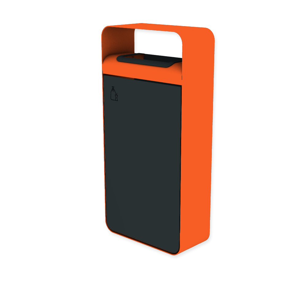Die Abb. zeigt den EGOÉ Abfallbehälter I20 mit Piktogramm Restmüll, Dach - 60 Liter mit Piktogramm Restmüll, Farbe Rahmen Hellrotorange (RAL 2008) und Farbe Korpus Anthrazitgrau (RAL 7016).