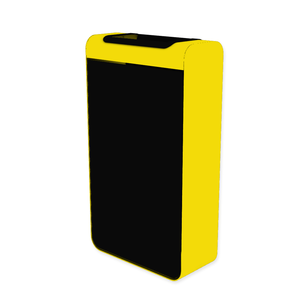 Die Abb. zeigt den EGOÉ Abfallbehälter I20 - 60 Liter mit Farbe Rahmen Rapsgelb (RAL 1021) und Farbe Korpus Tiefschwarz (RAL 9005).