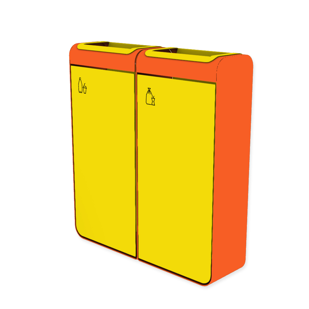 Die Abb. zeigt den EGOÉ Recycling Abfallbehälter I20 - 2x45 Liter mit Piktogrammen Kunststoff-Restmüll,  Farbe Rahmen Hellrotorange (RAL 2008) und Farbe Korpus Rapsgelb (RAL 1021).