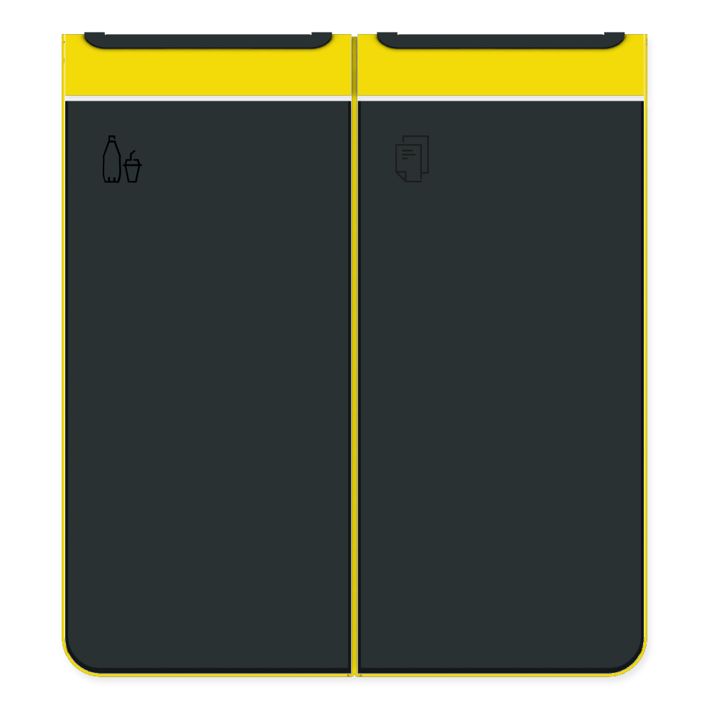 Die Abb. zeigt den EGOÉ Recycling Abfallbehälter I20 - 2x45 Liter mit Piktogrammen Kunststoff-Papier, Farbe Rahmen Rapsgelb (RAL 1021) und Farbe Korpus Anthrazitgrau (RAL 7016).