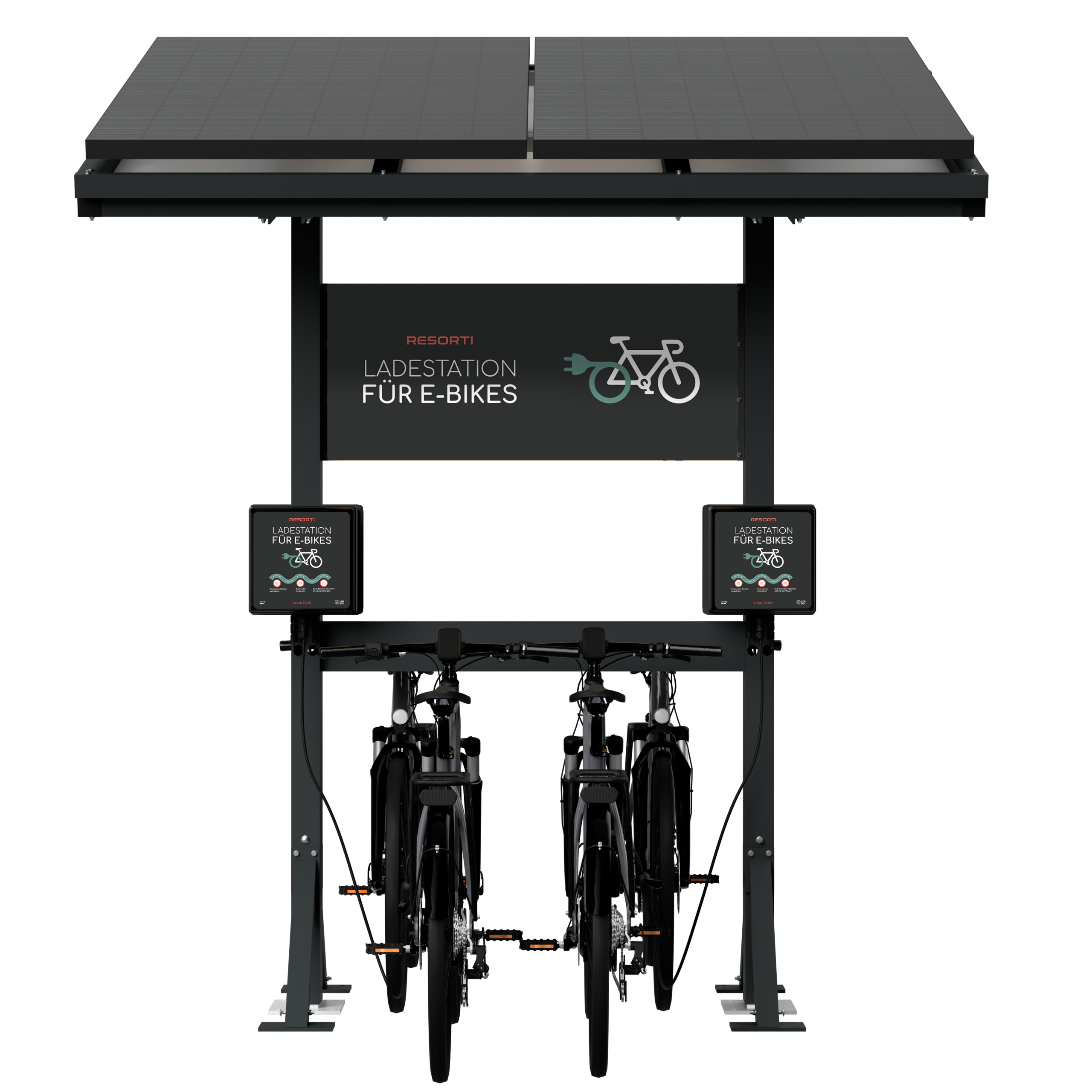 Die Abb. zeigt das ortsfeste RESORTI Solar-Lade- und Parksystem für E-Bikes (Frontansicht, Bikes nicht im Lieferumfang).