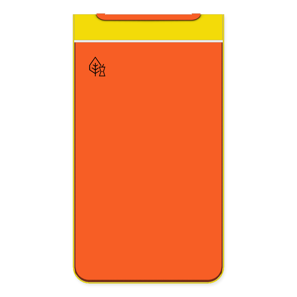 Die Abb. zeigt die Vorderseite des EGOÉ Abfallbehälters I20 - 60 Liter mit Piktogramm Biomüll, Farbe Rahmen Rapsgelb (RAL 1021) und Farbe Korpus Hellrotorange (RAL 2008).