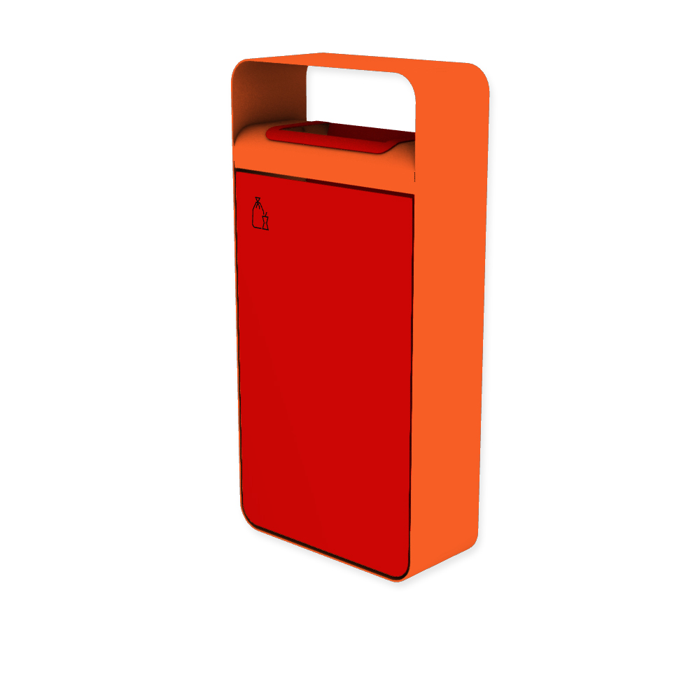 Die Abb. zeigt den EGOÉ Abfallbehälter I20 mit Piktogramm Restmüll, Dach - 60 Liter mit Piktogramm Restmüll, Farbe Rahmen Hellrotorange (RAL 2008) und Farbe Korpus Verkehrsrot (RAL 3020).