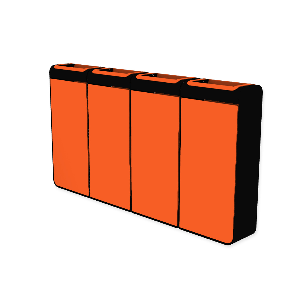 Die Abb. zeigt den EGOÉ Recycling Abfallbehälter I20 - 4x45 Liter mit Farbe Rahmen Tiefschwarz (RAL 9005) und Farbe Korpus Hellrotorange (RAL 2008).