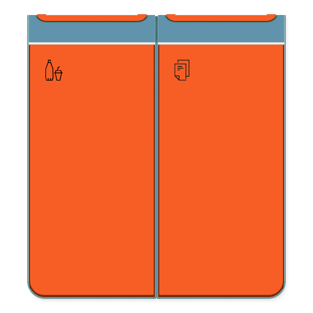 Die Abb. zeigt den EGOÉ Recycling Abfallbehälter I20 - 2x45 Liter mit Piktogrammen Kunststoff-Papier, Farbe Rahmen Pastellblau (RAL 5024) und Farbe Korpus Hellrotorange (RAL 2008).