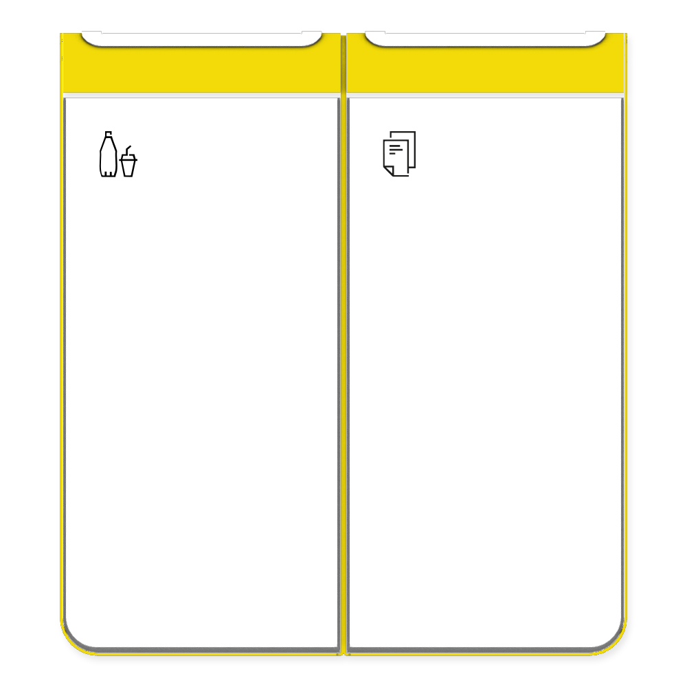 Die Abb. zeigt den EGOÉ Recycling Abfallbehälter I20 - 2x45 Liter mit Piktogrammen Kunststoff-Papier, Farbe Rahmen Rapsgelb (RAL 1021) und Farbe Korpus Reinweiß (RAL 9010).