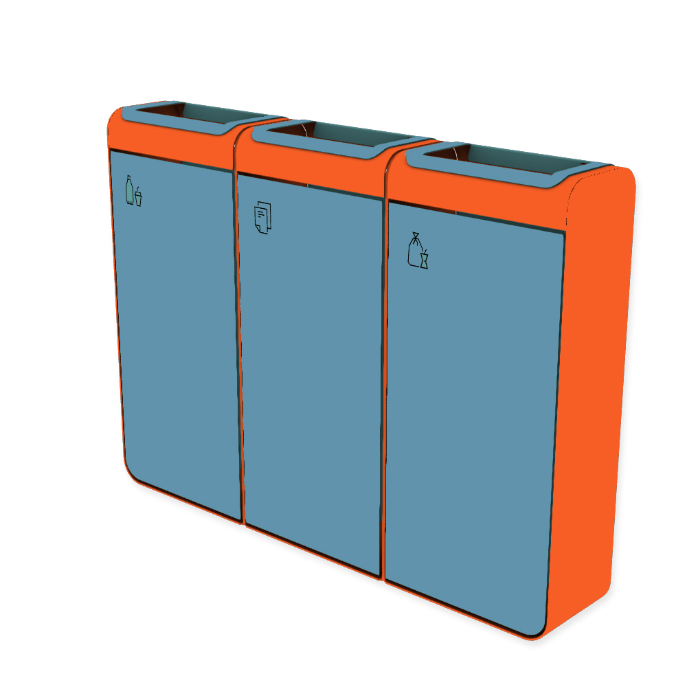 Die Abb. zeigt den EGOÉ Recycling Abfallbehälter I20 - 3x45 Liter mit Piktogrammen,  Farbe Rahmen Hellrotorange (RAL 2008) und Farbe Korpus Pastellblau (RAL 5024).