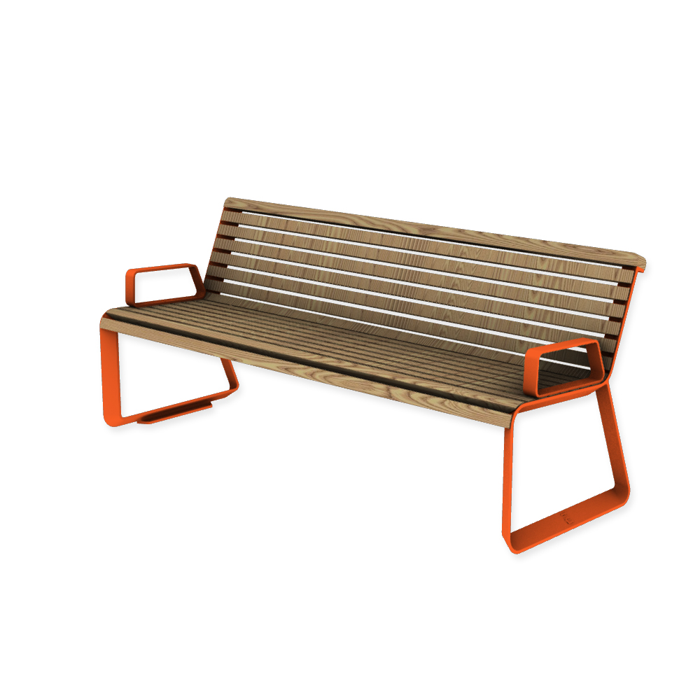 Die Abb. zeigt die EGOÉ Bank I2 profiliertes Aluminiumgestell mit Armlehnen in Hellrotorange (RAL 2008) mit Thermoesche Natur.