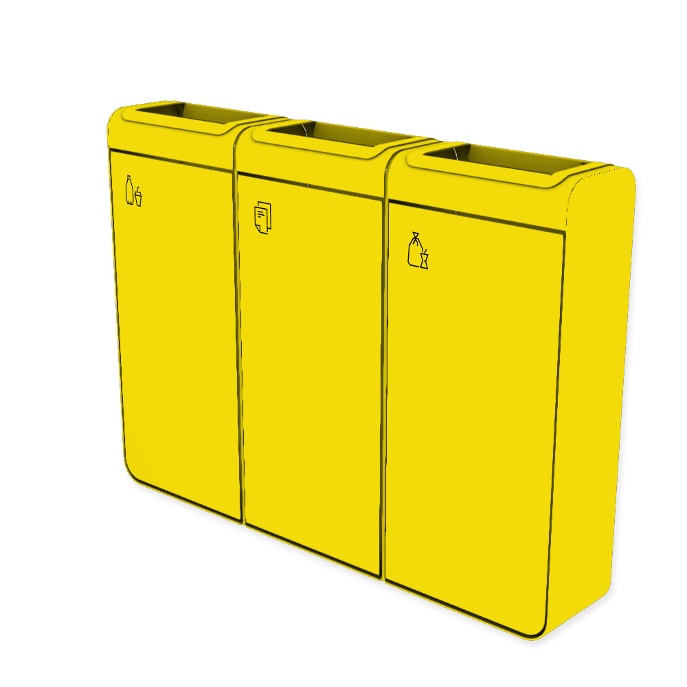 Die Abb. zeigt den EGOÉ Recycling Abfallbehälter I20 - 3x45 Liter mit Piktogrammen,  Farbe Rahmen Rapsgelb (RAL 1021) und Farbe Korpus Rapsgelb (RAL 1021).