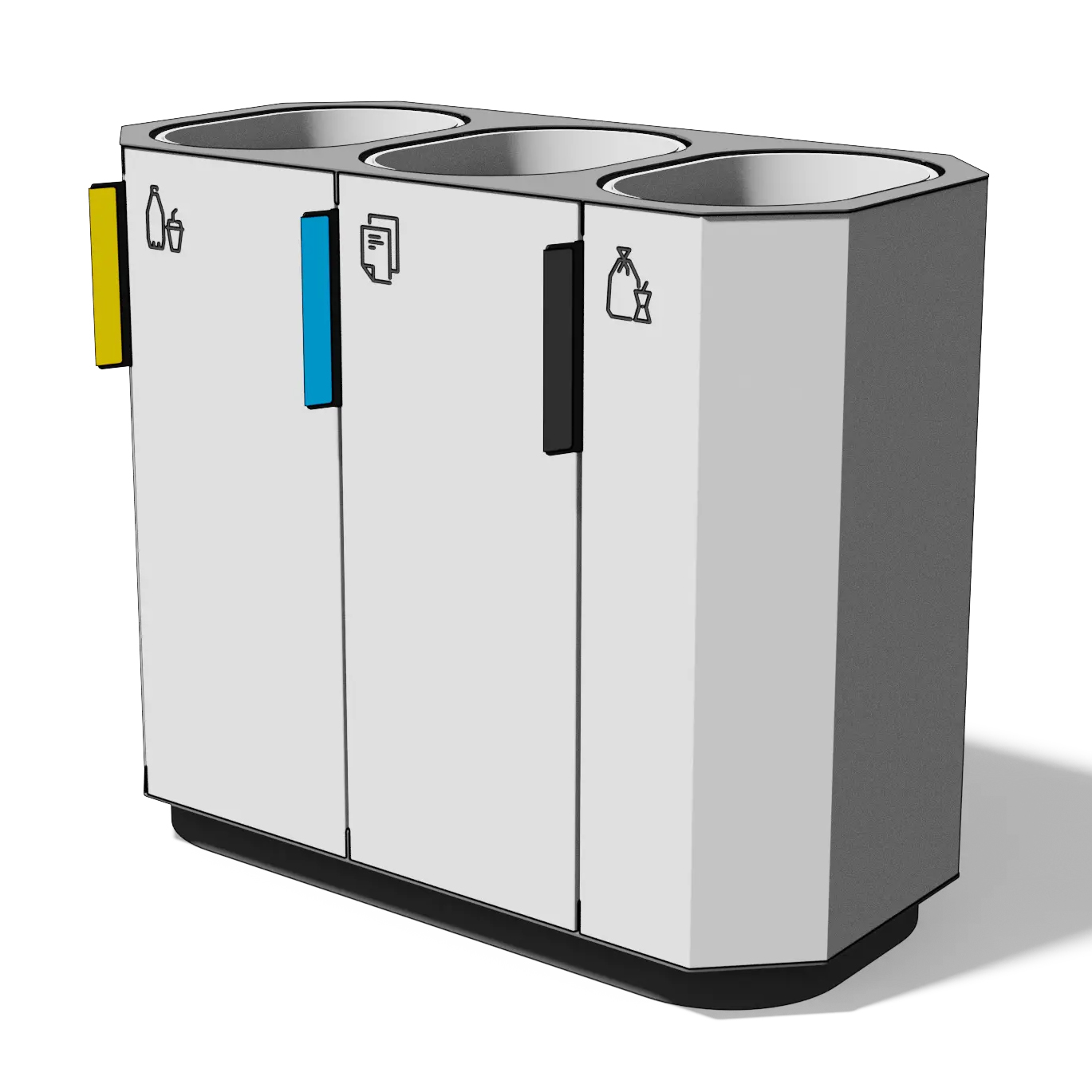 Die Abb. zeigt den Abfallbehälter A20 Aluminium, oval, Verkleidung in Weißaluminium (RAL 9006) und Rahmen in Anthrazitgrau (RAL 7016).