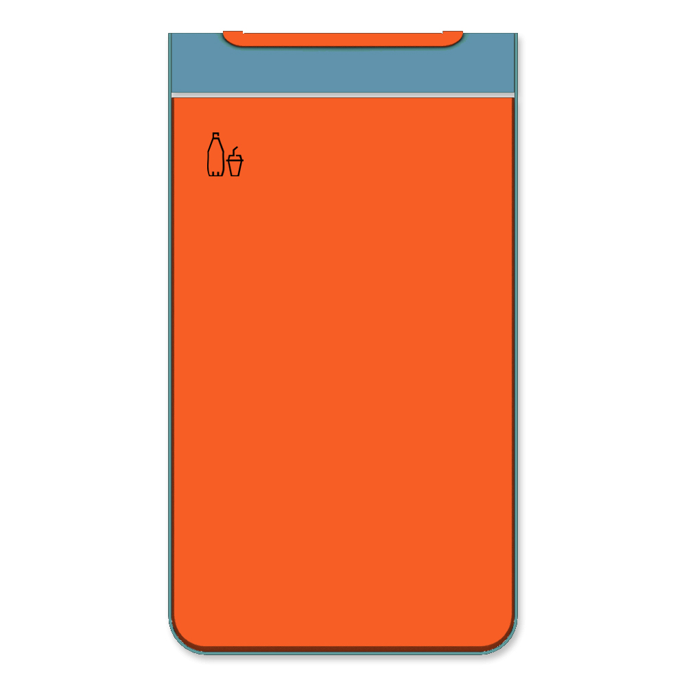 Die Abb. zeigt die Vorderseite des EGOÉ Abfallbehälters I20 - 60 Liter mit Piktogramm Kunststoff, Farbe Rahmen Pastellblau (RAL 5024) und Farbe Korpus Hellrotorange (RAL 2008).