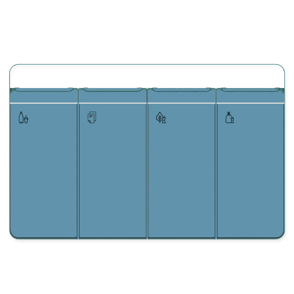 Die Abb. zeigt den EGOÉ Recycling Abfallbehälter I20 mit Piktogrammen, Dach - 4x45 Liter mit Piktogrammen, Farbe Rahmen Pastellblau (RAL 5024) und Farbe Korpus Pastellblau (RAL 5024).