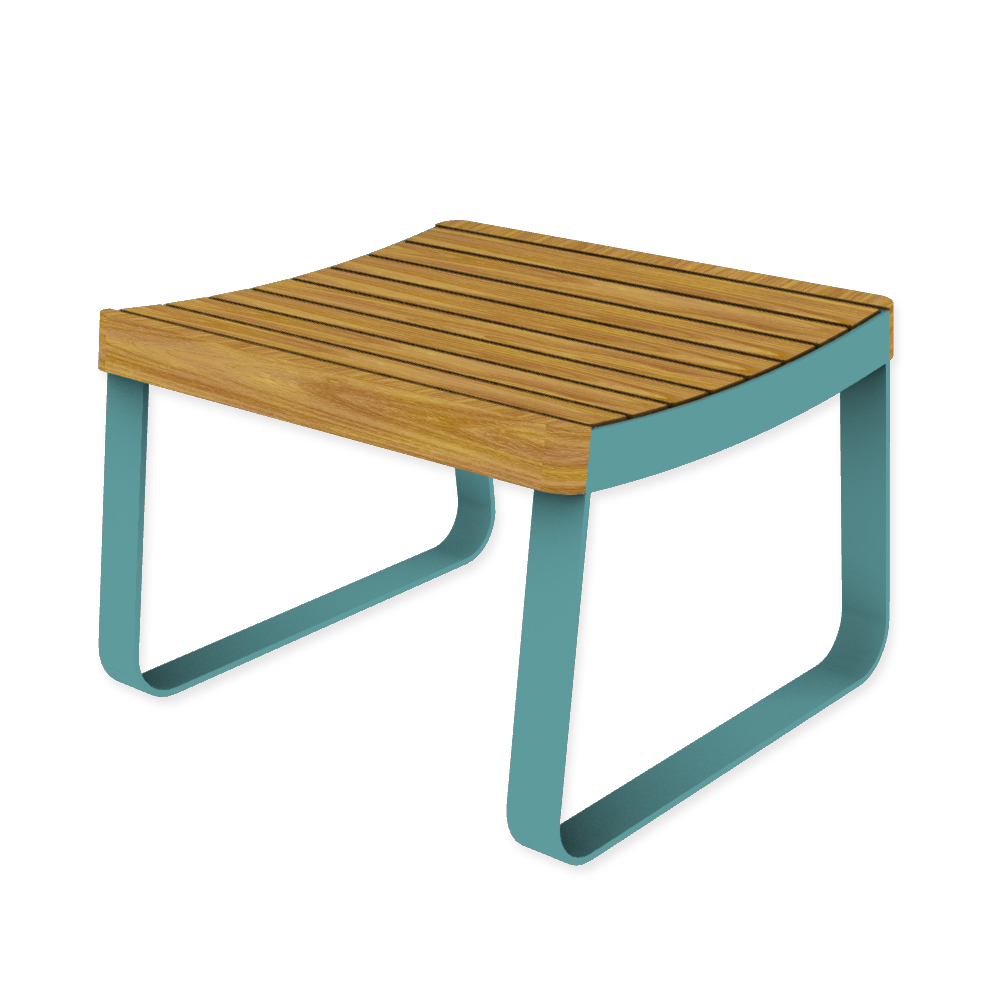 Die Abb. zeigt den EGOÉ Hocker I1 in Pastellblau (RAL 5024) mit Robinie geölt.