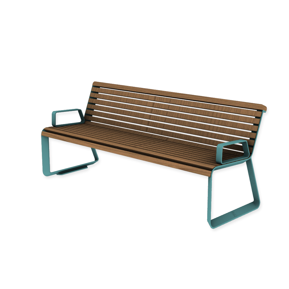 Die Abb. zeigt die EGOÉ Bank I2 profiliertes Aluminiumgestell mit Armlehnen in Pastellblau (RAL 5024) mit Jatoba Natur.