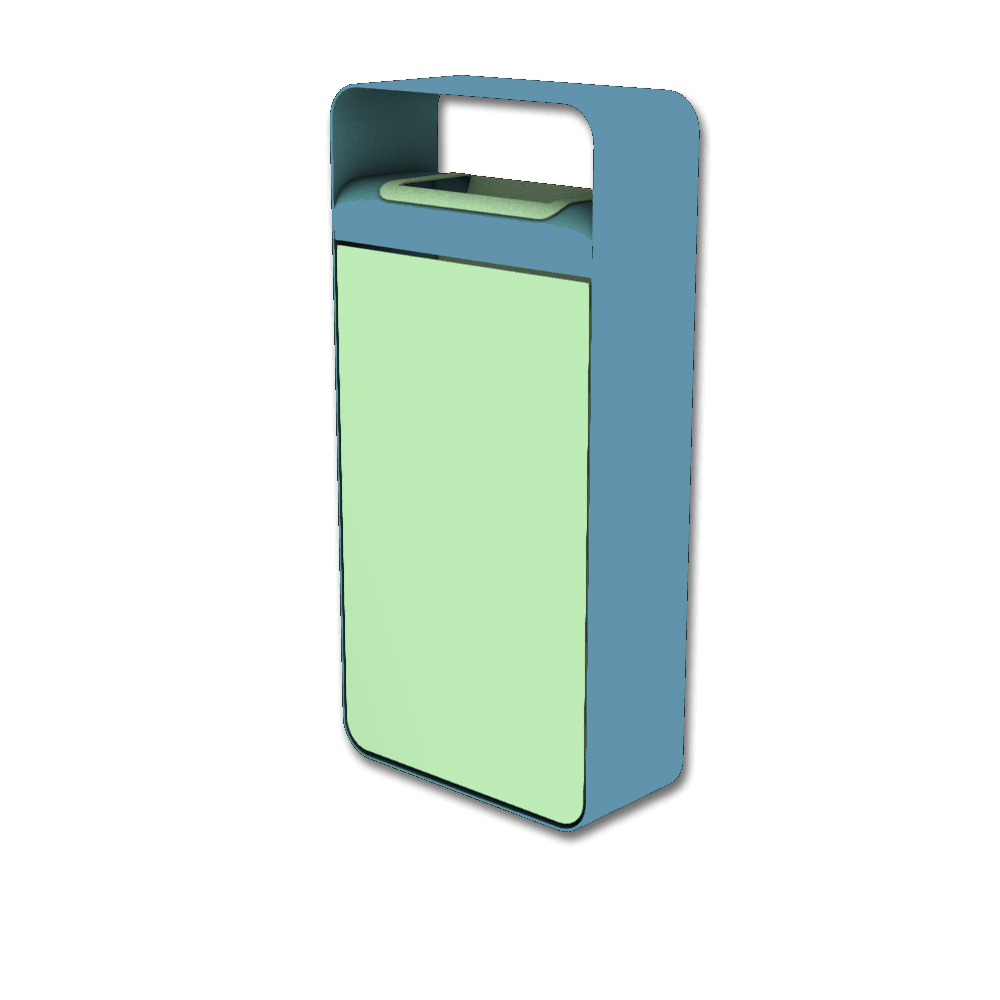 Die Abb. zeigt den EGOÉ Abfallbehälter I20 mit Dach - 60 Liter mit Farbe Rahmen Pastellblau (RAL 5024) und Farbe Korpus Weißgrün (RAL 6019).