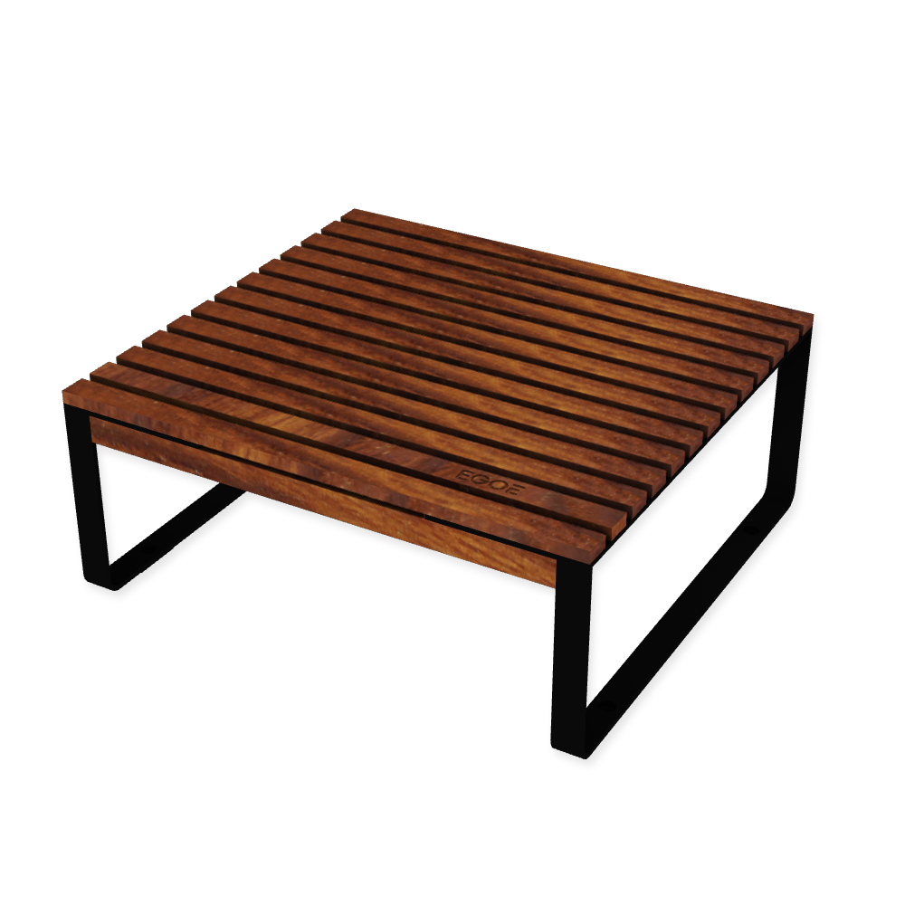 Die Abb. zeigt den EGOÉ Outdoor Lounge-Tisch I1 in Tiefschwarz (RAL 9005) mit Thermoesche geölt.