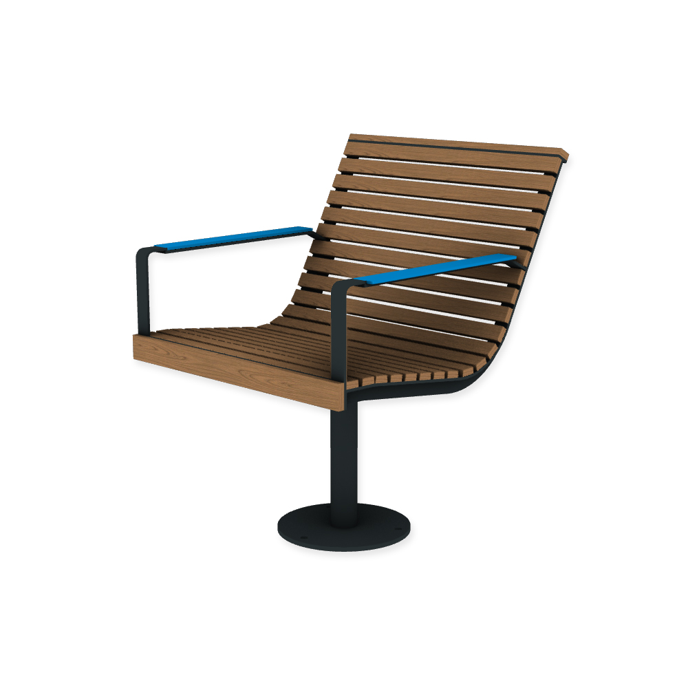 Die Abb. zeigt den EGOÉ Drehstuhl I1 zum Aufschrauben in Anthrazitgrau (RAL 7016) mit HPL-Besatz Armlehnen in Blau (NT 0717) und Jatoba Natur.