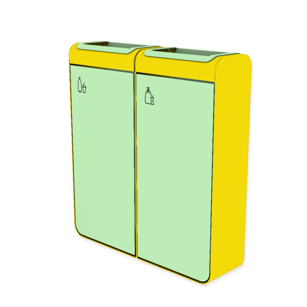 Die Abb. zeigt den EGOÉ Recycling Abfallbehälter I20 - 2x45 Liter mit Piktogrammen Kunststoff-Restmüll,  Farbe Rahmen Rapsgelb (RAL 1021) und Farbe Korpus Weißgrün (RAL 6019).